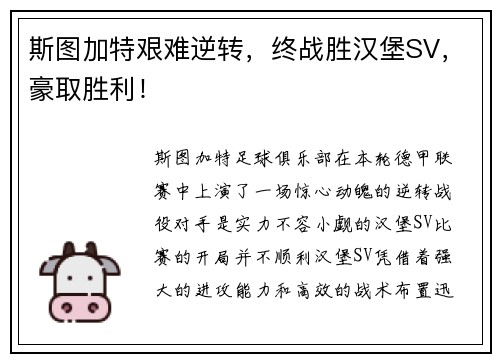 斯图加特艰难逆转，终战胜汉堡SV，豪取胜利！